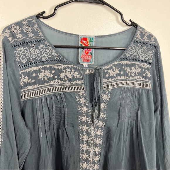 Johnny Was boho embroidered semi sheer tunic roll sleeve size small - Picture 4 of 8